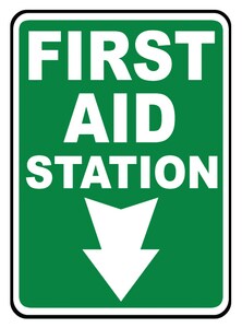 LegendEMERGENCY FIRST AID STATION with Graphic Green/Black on White Accuform MFSD965VA Aluminum Safety Sign 14 Length x 10 Width