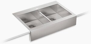 Kohler Co., 35-3/4 x 24-5/16 x 9-5/16 in. Top Mount Double-Equal Stainless Steel Kitchen Sink With Shortened Apron-Front For