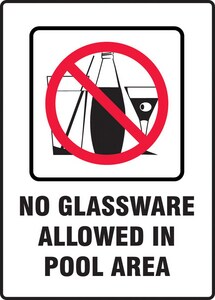 14 x 10 in. No Glassware Allowed In Pool Area Sign