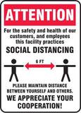 Accuform Signs 10 x 14 in. Attention - For the Safety and Health of Our Customers, and Employees This Facility Practices Social Distancing COVID-19 Sign in White and Red AMGNG905VS at Pollardwater